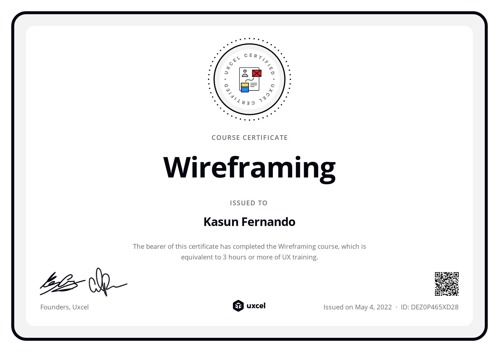 Kasun Fernando's certificate